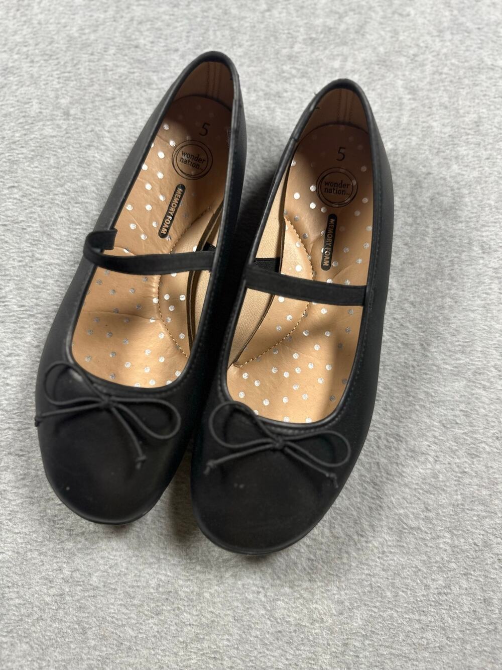 Wonder Nation Ballet Flats Girls Black SZ 5 Elastic Strap Round Toe Bow Detail